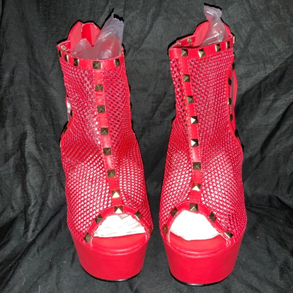 Bold Red Studded Mesh Platform Heels - image 1